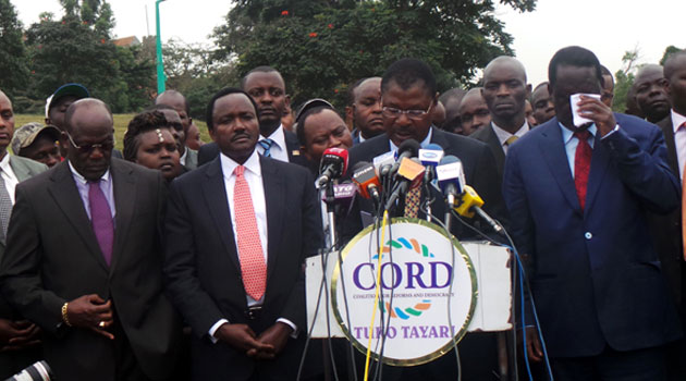 Raila Odinga, Kalonzo Musyoka seen here at a CORD press conference with their co-principal Moses Wetangula. Photo/ FILE