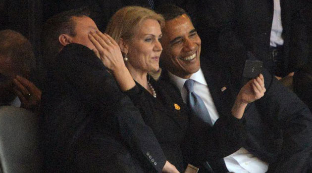 Denmark's Prime Minister Helle Thorning Schmidt (centre) famously took a selfie with US President Barack Obama and British Prime Minister David Cameron during a 2013 memorial service for Nelson Mandela in Johannesburg/AFP