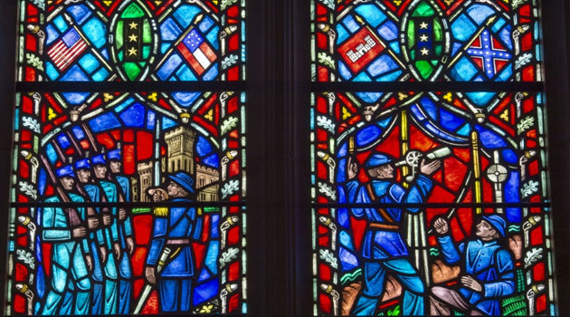 A stained glass window at The Washington National Cathedral in Washington, DC, depicts the life of US Civil War General Robert E. Lee, Commander of the Army of Northern Virginia, on June 25, 2015 © AFP