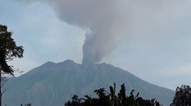 The 3,300-metre (10,800-foot) Mount Raung volcano emits a column of ash and steam as seen from Banyuwangi, in eastern Java island, Indonesia, on July 11, 2015  © AFP