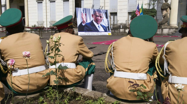 Members of the Ethiopian Defense Forces Band await the arrival of US President Barack Obama for a welcoming ceremony at the National Palace in Addis Ababa on July 27/AFP