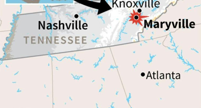 Map locating the site of a toxic train accident in Knoxville/AFP