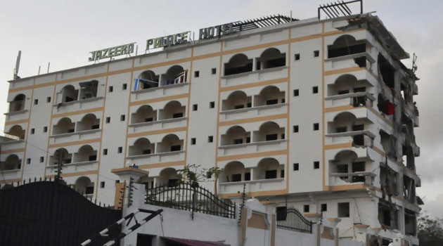 The damaged Jazeera Palace hotel following a suicide attack in Mogadishu on July 26, 2015/AFP