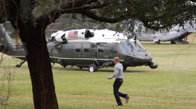 According to a guard at the university, two Marine One helicopters and three other planes landed at around 11am and took off after about 10 minutes/PHOTO-COURTESY