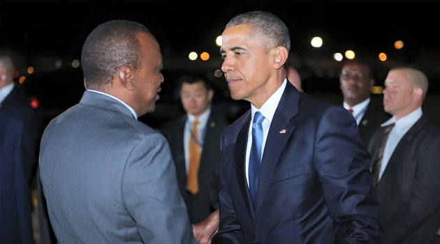 Obama was greeted by Kenyan President Uhuru Kenyatta with a handshake and embrace as he stepped off Air Force One. 