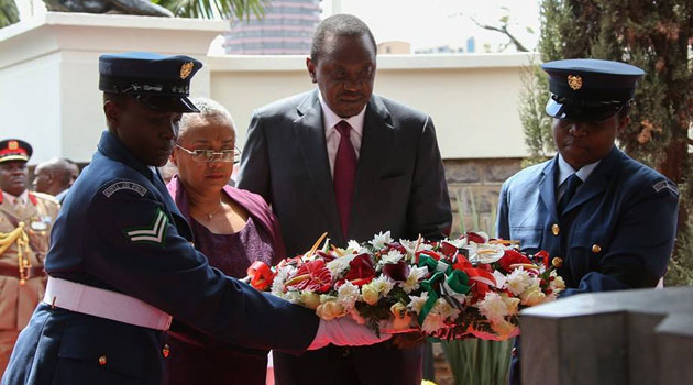 Earlier, President Kenyatta led the first family in laying wreaths at Mzee Kenyatta's mausoleum at Parliament buildings/PSCU