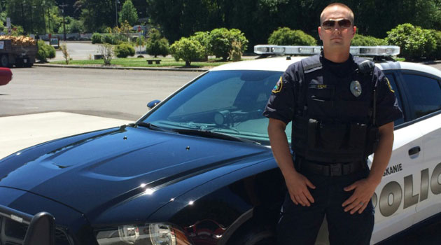 Officer Alex Stone, pictured in Clatskanie, Oregon, told AFP that he has received death threats from the local community and been racially abused since he and officer Zack Gibson filed a complaint earlier this summer/AFP