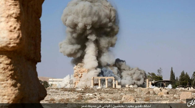 Image published by Islamic State group in Homs province (Welayat Homs) shows an explosion at Baal Shamin temple in Syria's ancient city of Palmyra (AFP is not responsible for any digital alteration to content which cannot be independently verified)  © Welayat Homs/AFP