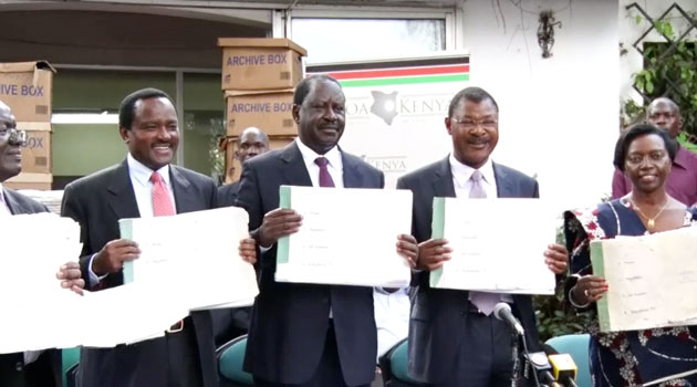 The Okoa Kenya Secretariat, led by lawyer Paul Mwangi officially handed over the draft bill and signatures on Wednesday to CORD leaders led by Raila Odinga and Kalonzo Musyoka.