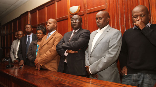 Nicholas Weke, Abarham Saat, Peter Omenda, Godwin Mwawongo, Caleb Mbaya, Bruno Linyiru and Saisi having been on the GDC tender committee in 2012, are accused of flouting procurement procedure/CFM