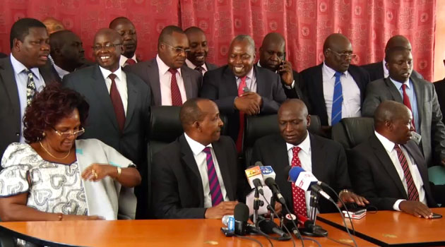 Jubilee MPs during a past press conference where they defended CS Waiguru/FILE