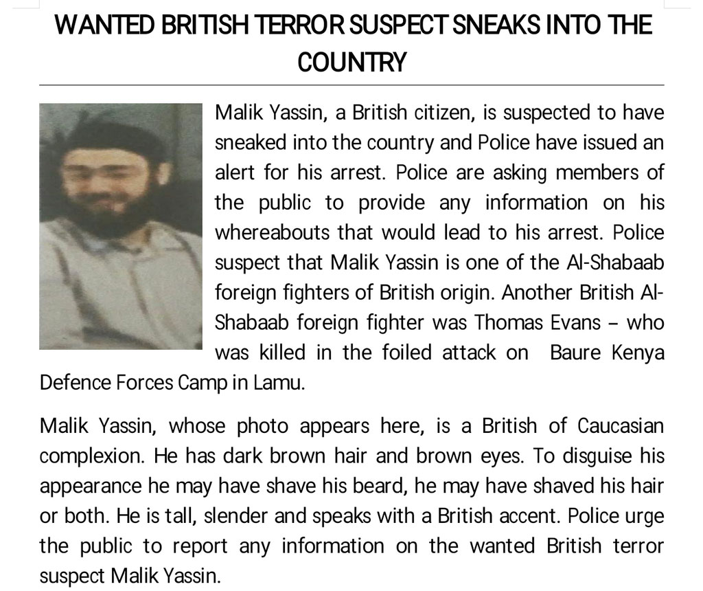 Image of wanted British terror suspect Malik Yassin as released by police/CFM