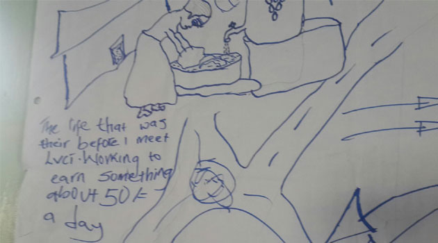 Drawing depicting the past life of a 12-year old girl from Korogocho before PEPFAR funding/CFM