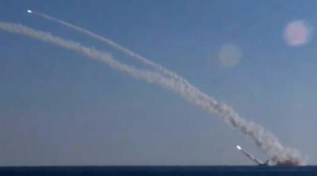 A video grab from footage made available on the Russian Defence Ministry's official Facebook page on December 8, 2015, purports to show the Rostov-on-Don submarine launching missiles during a strike against Islamic State group's positions in Syria  © Russian Defence Ministry / HO/AFP