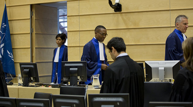 Judges enter the trial chamber at a previous hearing. Photo/ FILE