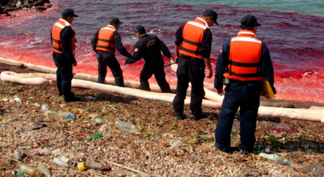  Members of the Peruvian Navy Corps try to control the oil spill at the Peruvian bay of Paracas/EPA