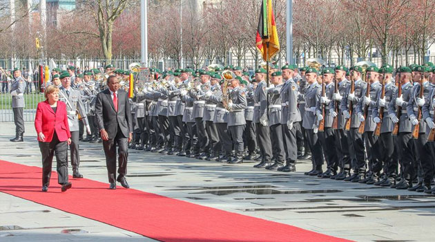 President Kenyatta arrived at the Chancellery for bilateral talks with his host Chancellor Angela Merkel and was accorded full military honours by the Germany defence forces/PSCU