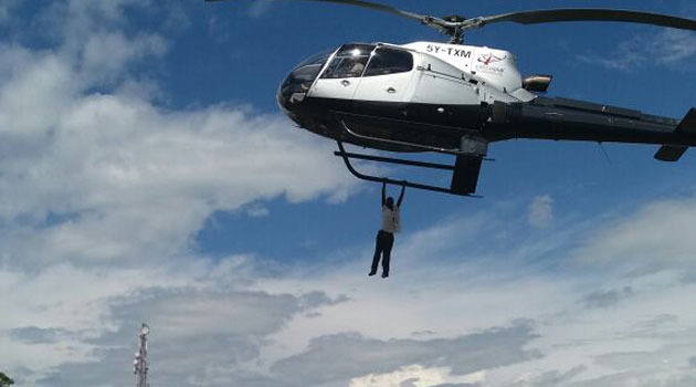 The boda boda rider is said to have hanged onto the helicopter's rails as it took off when he fell off after a short distance/COURTESY