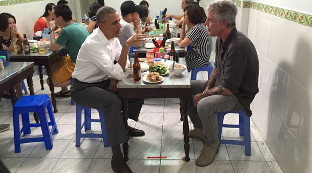 "Total cost of bun cha dinner with the President: $6.00. I picked up the check," Bourdain, who is renowned for his love of cheap streetside food, later tweeted/ANTHONY BOURDAIN