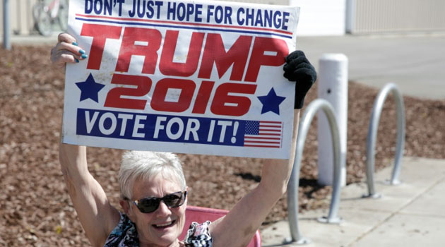 A supporter at a campaign stop for US Republican presidential candidate Donald Trump in Lynden, Washington, on May 7, 2016/AFP