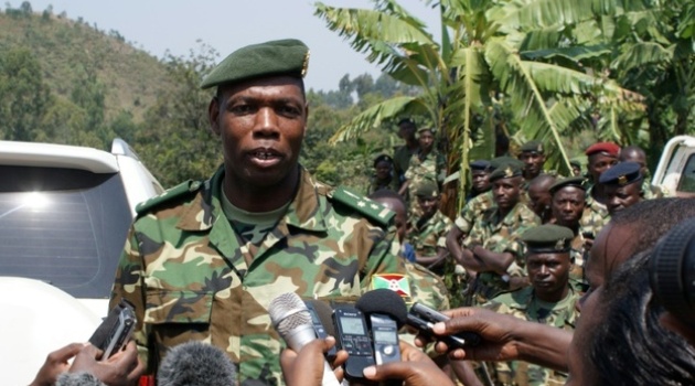 Burundian army spokesman and witness confirmation Colonel Gaspard Baratuza is seen addressing the media at the Ndora military camp in Bukinanyana, Burundi/AFP