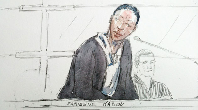 A court sketch shows Fabienne Kabou speaking at the start of her trial in Saint-Omer, on June 20, 2016/AFP