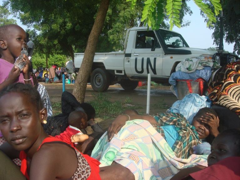 This image provided by the UNMISS (United Nation Mission in South Sudan) on July 11, 2016 shows some of the at least 3000 displaced women, men and children taking shelter at the UN compound in Tomping area in Juba