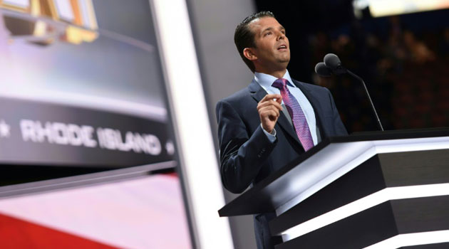 Donald Trump's son Donald Trump Jr. addresses delegates on the second day of the Republican National Convention in Cleveland/AFP