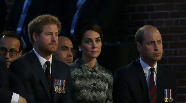 The Duke and Duchess of Cambridge and Prince Harry attend part of a military-led vigil to commemorate the 100th anniversary of the .beginning of the Battle of the Somme at the Thiepval memorial to the Missing in June 30, 2016 in Thiepval, France.AFP/Getty