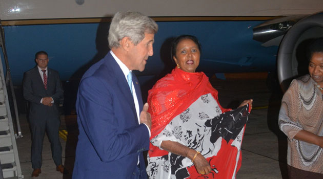 Kerry jetted into the country Sunday night and was received by Foreign Affairs Cabinet Secretary Amina Mohamed at the Jomo Kenyatta International Airport/COURTESY-MFA