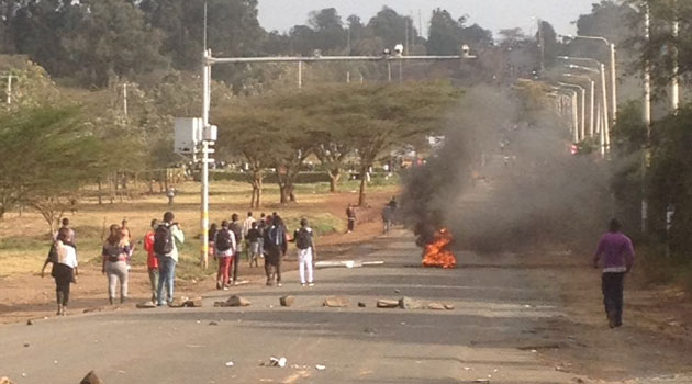 The students are protesting the death of their colleague who was one of the four passengers killed in the Sunday accident on Lang'ata Road/MOSES MUOKI