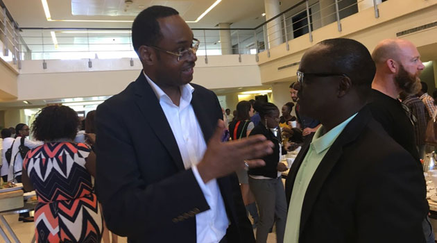 Amadou Mahtar Ba (L) Co-founder and Executive Chairman of AllAfrica Global Media and Sam Shollei, Kenya’s Standard Group CEO in a discussion during a media forum in Johannesburg, South Africa ahead of the 2016 CNN MultiChoice African Journalist Awards due Saturday/CFM NEWS