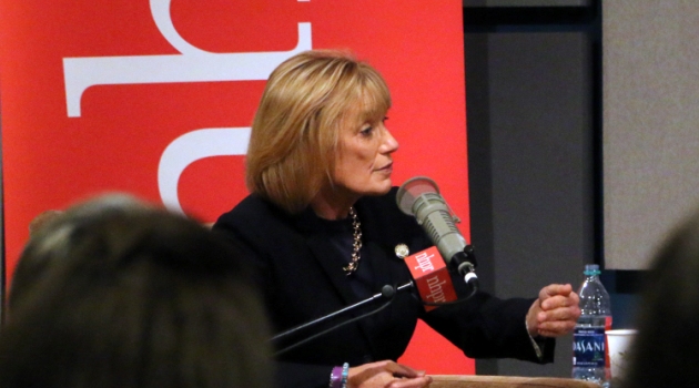 Photo by Allegra Boverman. New Hampshire Governor Maggie Hassan, who is running for U.S. Senate, was part of a live forum in Studio D on Tues. Sept. 27, 2016 at NHPR during "The Exchange" with host Laura Knoy and political reporter Josh Rogers. There was a live studio audience.