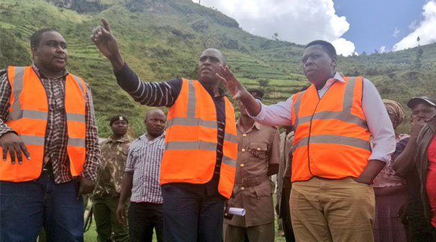 Water CS Eugene Wamalwa inspecting the Sh150m GoK/Italian Chesikaki Water Supply Project progress  in Mt.Elgon, Bungoma County/COURTESY