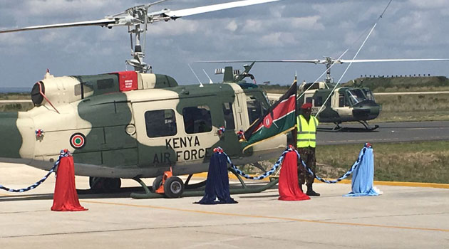 The Bell Huey II helicopters valued at $106 million were handed over to the Kenya Air Force in the presence of the Chief of Defence Forces Samson Mwathethe by American Ambassador Robert Godec in Nanyuki/COURTESY