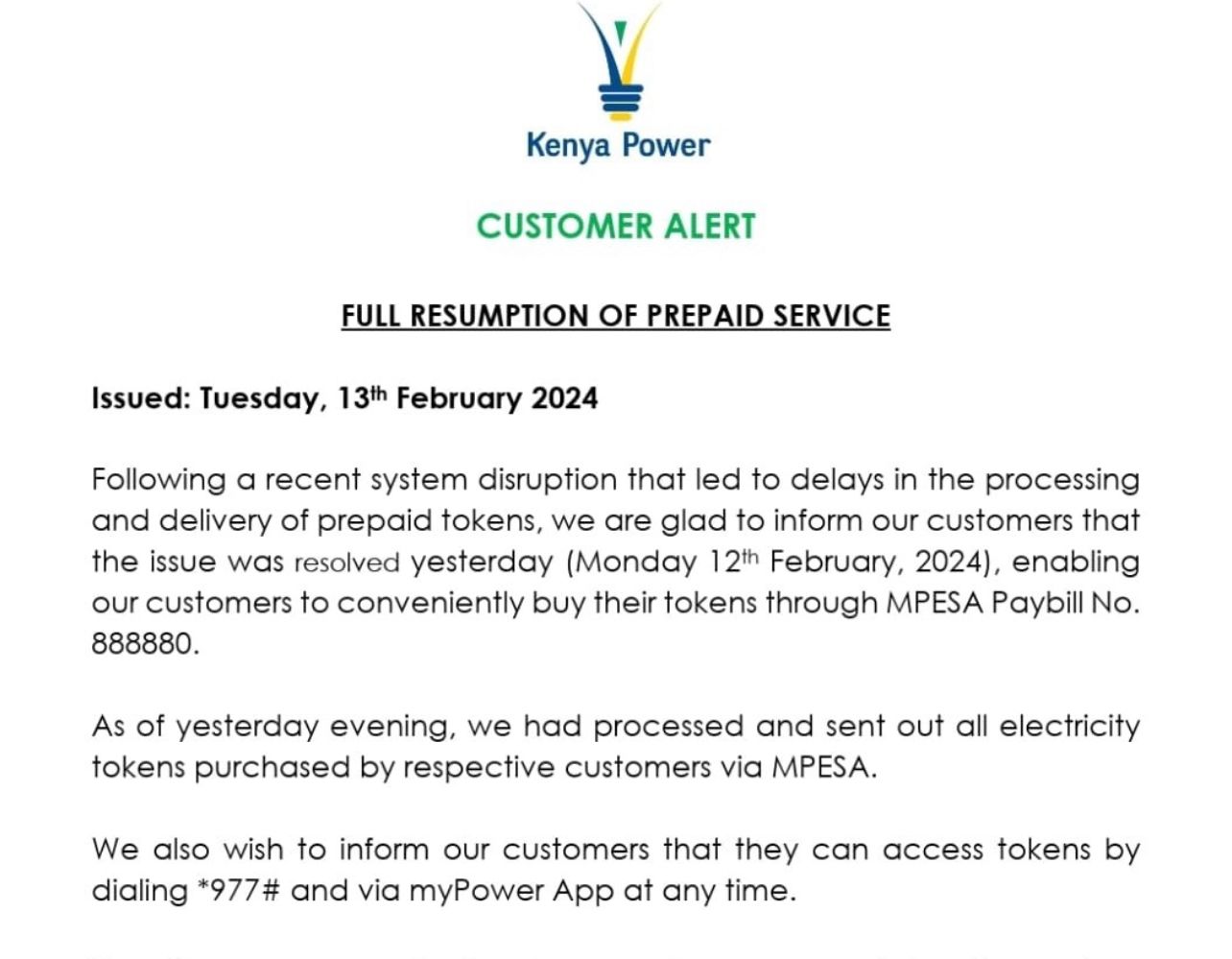 Kenya Power Resolves Prepaid Service Disruptions Tokens