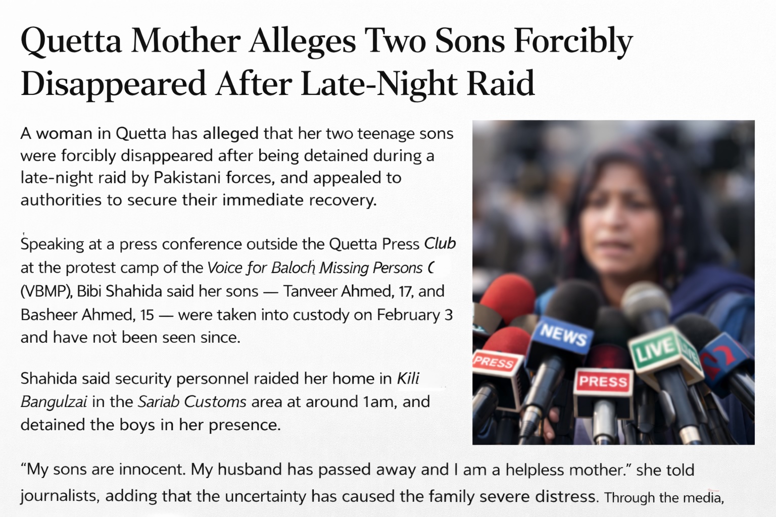 Quetta Mother Alleges Two Sons Forcibly Disappeared After Late-Night Raid