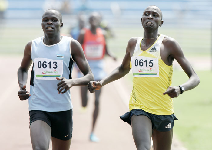 Kipyegon Bett (left) and winner Willy Tarbei in the boys 800m during the Trials for IAAF World Youth Championships in Cali in Nairobi. PHOTO/Raymond Makhaya.