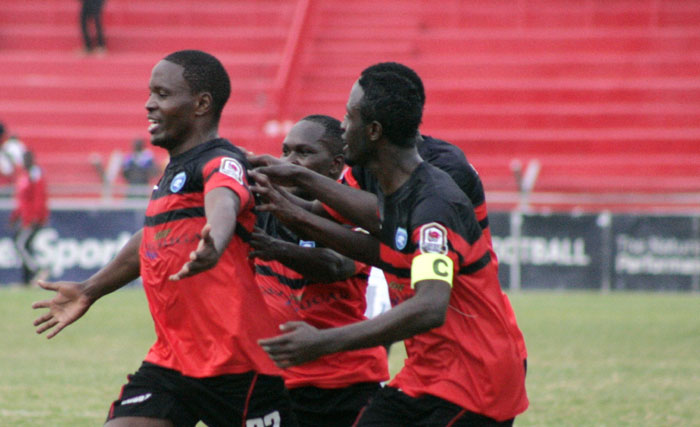 AFC Leopard's Bernard Mang'oli celebrates his winning goal against City Stars on Sunday, July 19 PHOTO/Raymond Makhaya