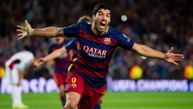 Luis Suarez of FC Barcelona celebrates after scoring his team's second goal during the UEFA Champions League Group E match between FC Barcelona and Bayern 04 Leverkusen at Camp Nou on September 29, 2015 in Barcelona, Spain. PHOTO/Getty/Yahoo!
