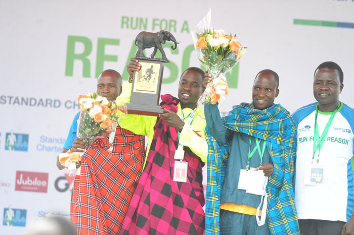 The 2015 Stanchart Marathon men's 42Km podium without the cheating Joshua Njogu. PHOTO/Raymond Makhaya