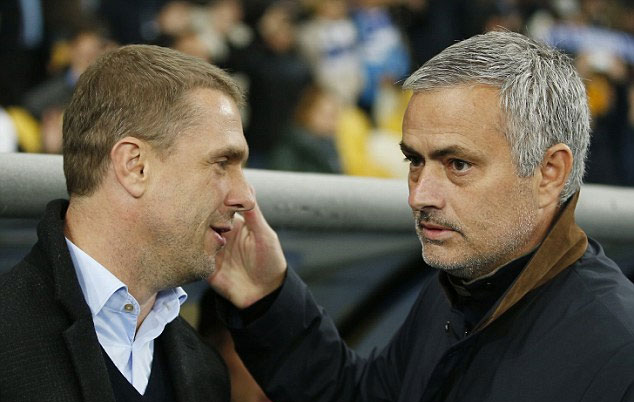 Dynamo Kiev boss Sergei Rebrov and the Chelsea manager embrace before the 0-0 draw in Ukraine. PHOTO/AP
