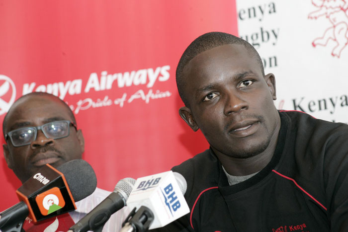 Returning Kenya 7s captain, Andrew Amonde (right) during the naming of the travelling squad to Wellington and Sydney 7s alongside KRU CEO, Ronald Bukusi. PHOTO/Raymond Makhaya