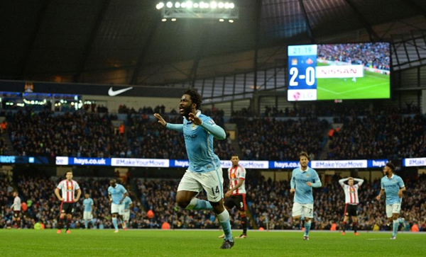 Manchester City's striker Wilfried Bony celebrates scoring a goal during a match against Sunderland at The Etihad stadium in Manchester, England on December 26, 2015 (AFP Photo/Oli Scarff )