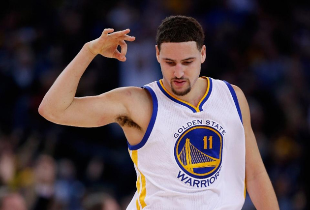 Klay Thompson of the Golden State Warriors, pictured, rolled in his go-ahead basket in overtime after Denver forward Kenneth Faried buried a contested shot to knot the score at 108-108 with 33.3 seconds left in the extra session (AFP Photo/Ezra Shaw)
