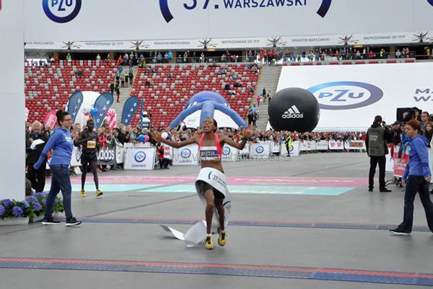 Gladys Kibiwot celebrates winning the 2016 Warsaw Marathon. PHOTO/IAAF