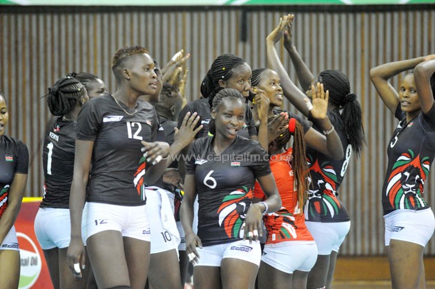 Kenya women's volleyball team Under 23 players celebrates after Senegal victory.PHOTO/Raymond Makhaya