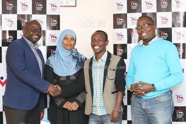 PIC 1590- From Left: Walter Machio of Michezo Afrika foundation, Samira Said of Skyskates, Mutura Kuria of Hopeskates and Goerge Njuguna, thesecretary Magharibi Michezo Awards shake hands during the launch of Magharibi Michezo Awards in Nairobi.