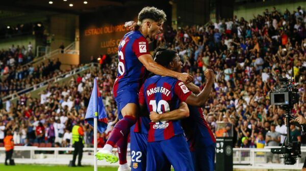 Barcelona players celebrate their win in a past match