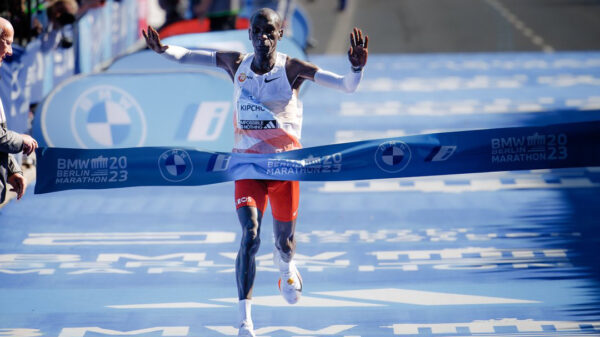 Eliud Kipchoge celebrates after winning the 2023 Berlin Marathon title. PHOTO/NN Running/Twitter